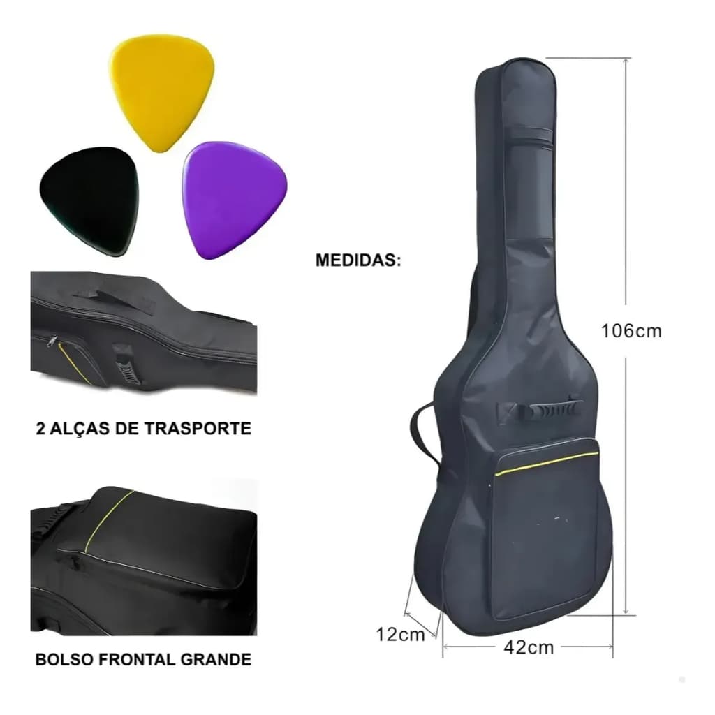 Capa Bag Case Violao Folk ou Classico Luxo e 3 Palhetas Medidas Capa California