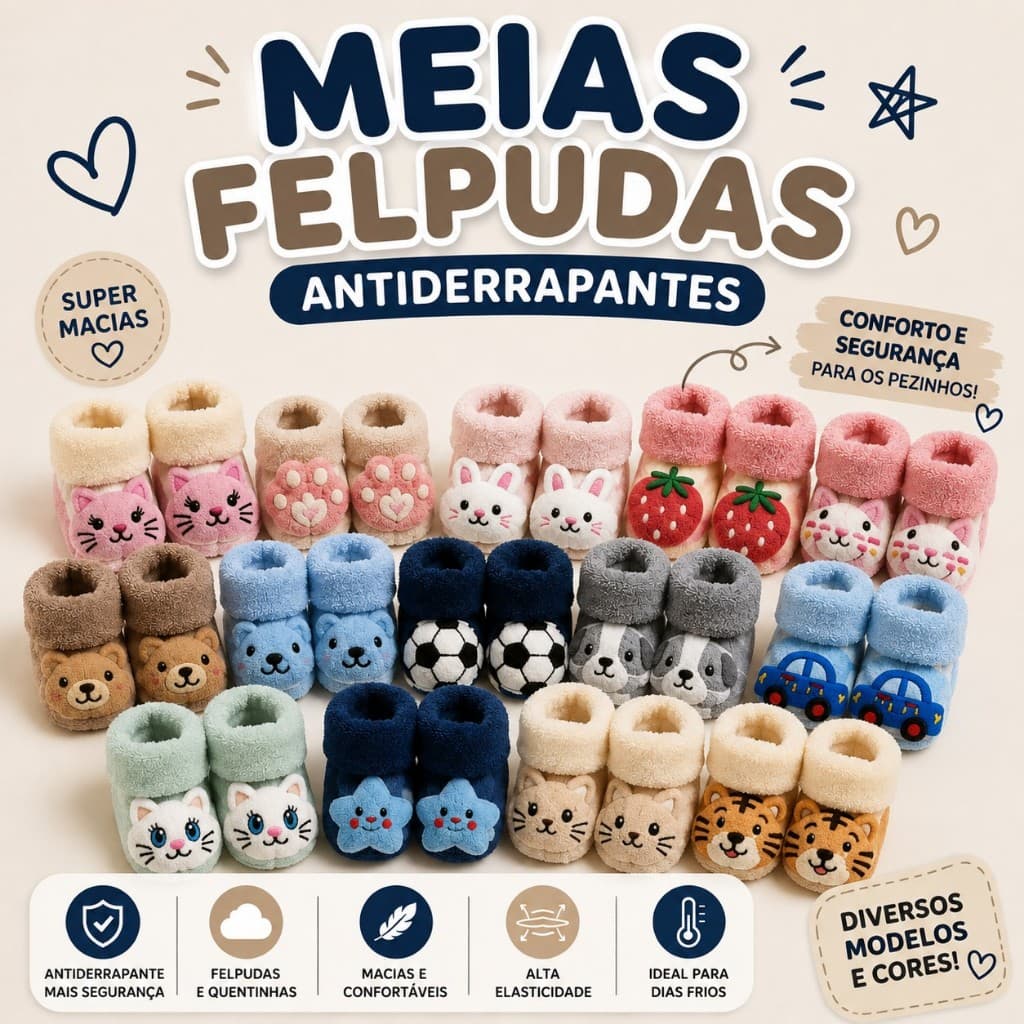 Kit 6 Pares Meias Felpudas Estampadas Antiderrapantes Macias Quentinhas Várias Estampas