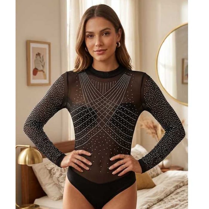 Body Feminino Strass Transparente Manga Longa Tule Premium Festa e Noite Rodeio Boiadeiro