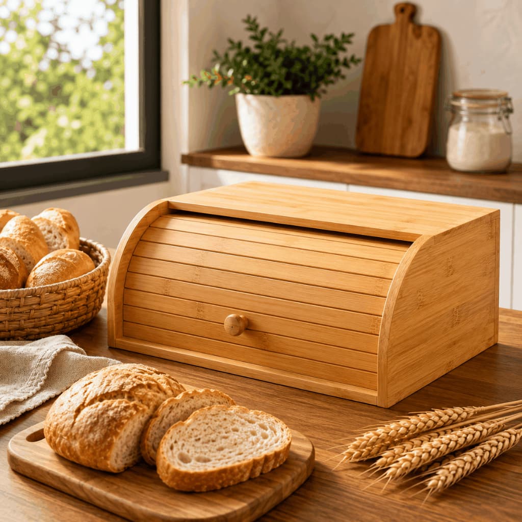 Porta Pão Pães De Bambu Tampa Retrátil Luxo Design Clean