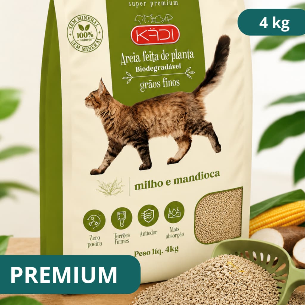Areia de Gato 4 kg de Milho e Mandioca - Grãos Finos - Biodegradável e Torrões Firmes