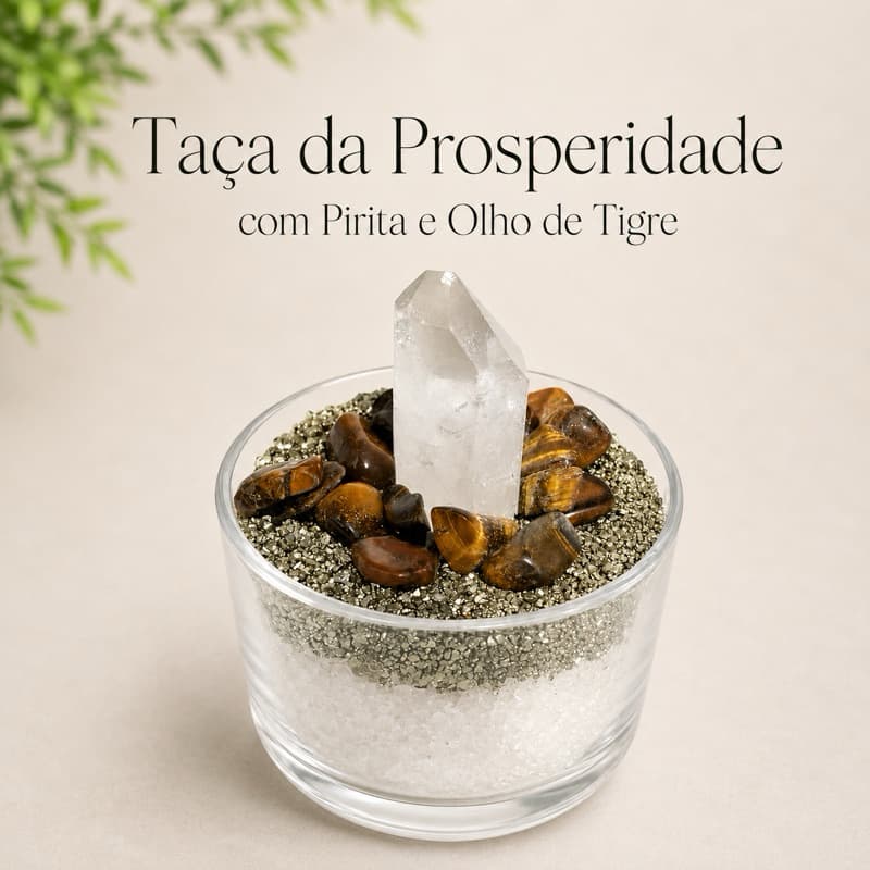 Taça Prosperidade Pirita Olho de Tigre Quartzo Cristal Feng Shui Mesa Trabalho Escritório