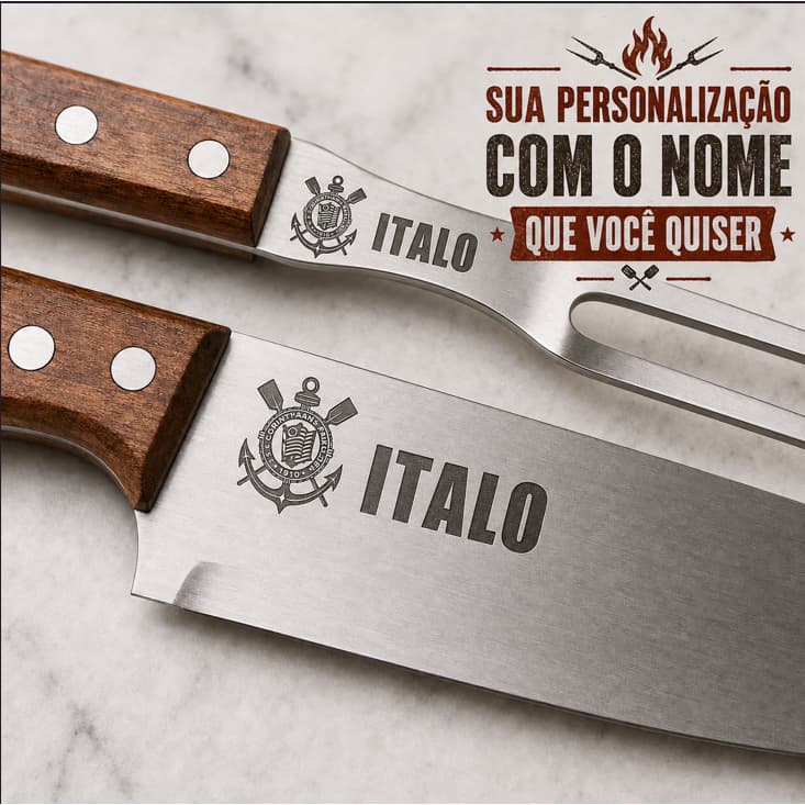 Kit Churrasco Personalizado Garfo e Faca Corinthians Presente Gravado a Laser c/ Estojo