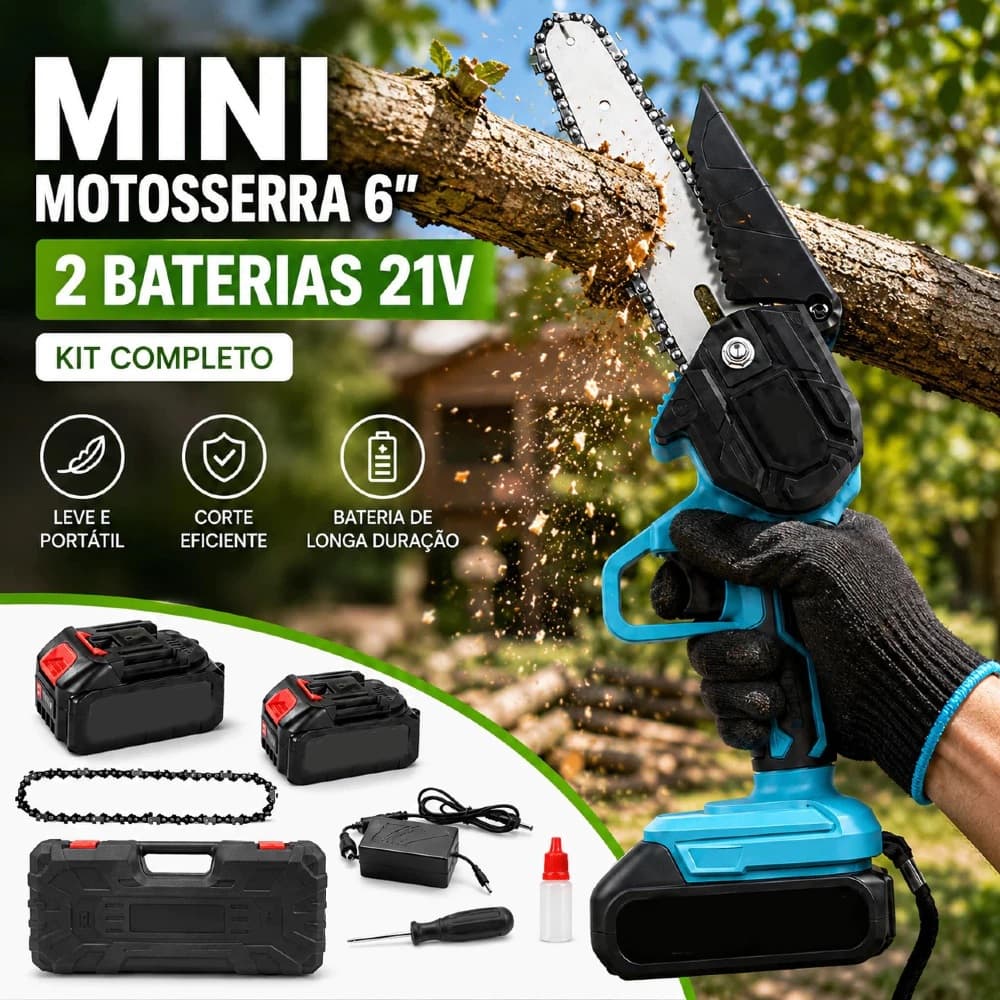 Mini Motosserra 48V com 2 Baterias – Serra Elétrica Portátil com Correntes e Acessórios