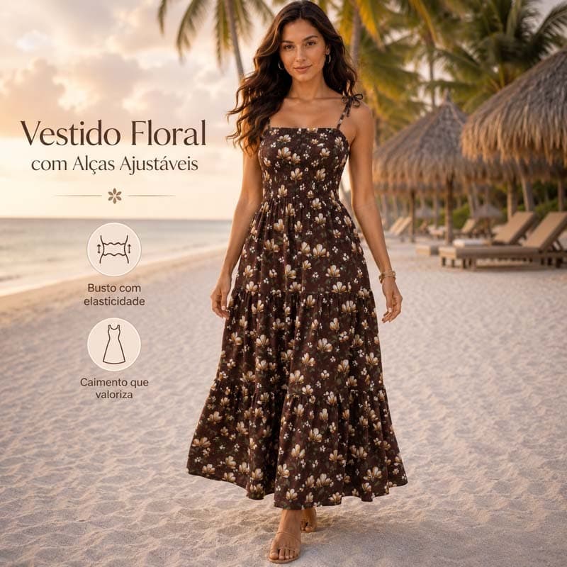 Vestido Longo Feminino Floral Estampado com Alças de Amarrar, Lastex no Busto, Soltinho Verão Praia Casual