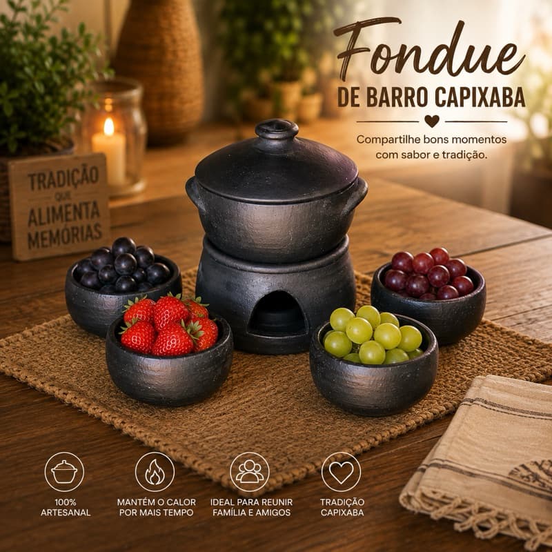 Fondue de Barro Capixaba Kit 5 Peças Artesanal Panela Rechaud Cumbucas