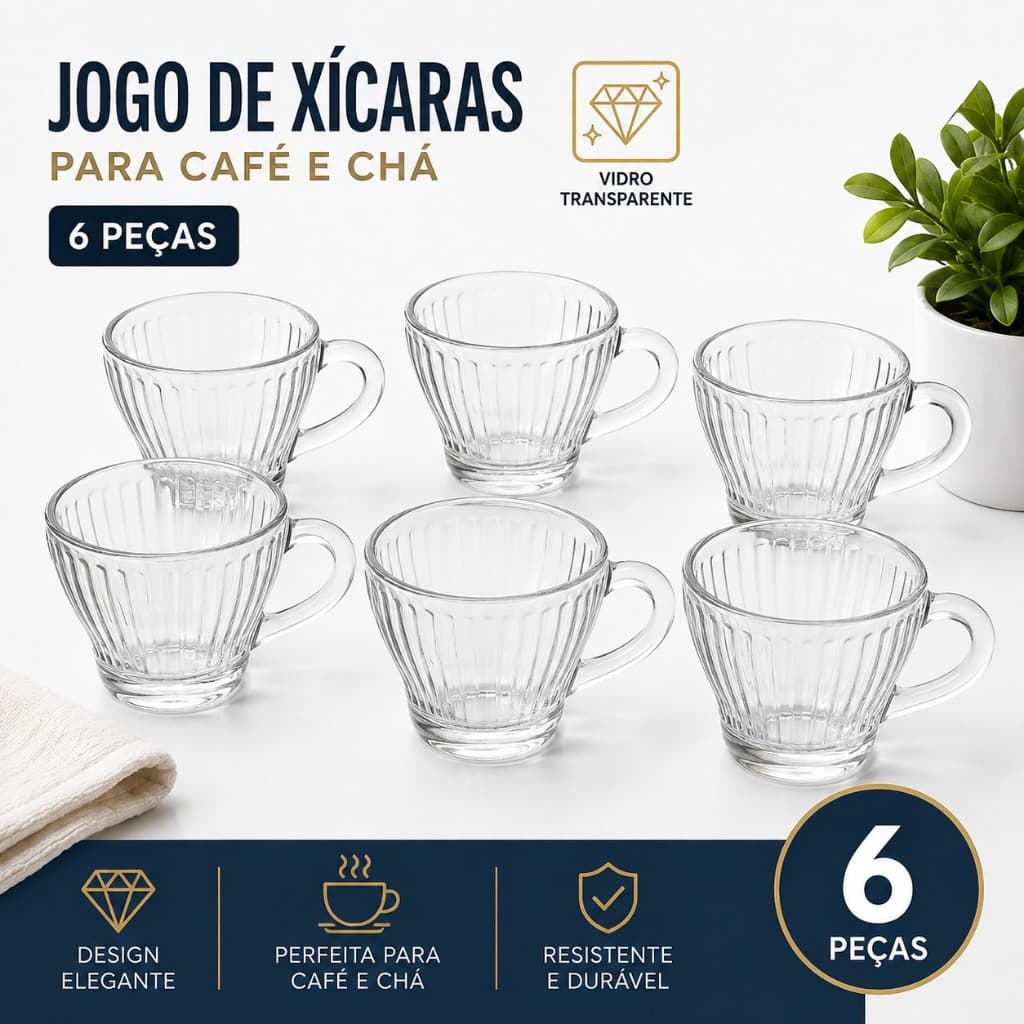 Jogo 6 Xícaras Café Espresso 90ml Vidro Transparente Morocco Lines Mesa Posta Elegante
