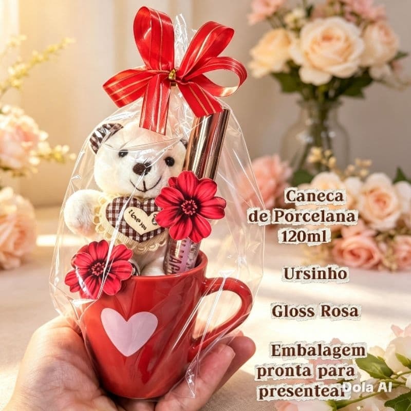 kit Presente Feminino Caneca + Ursinho + Gloss - Mimo Lembrancinha Aniversário Mãe Amiga Namorada Natal Datas Especiais
