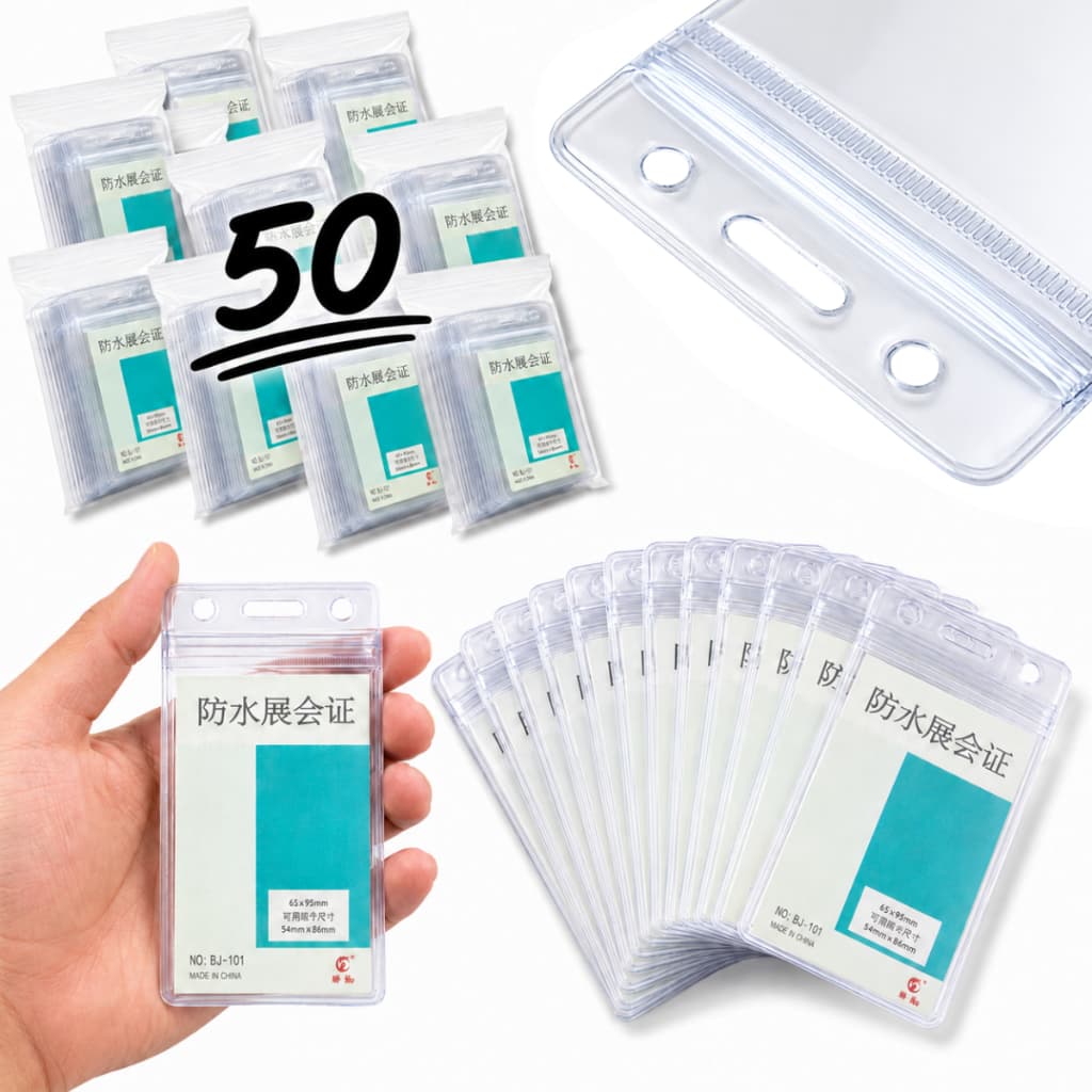 50 Porta Crachá Suporte Plástico Transparente com furo Cartão Impermeável com furos Zip Lock Card