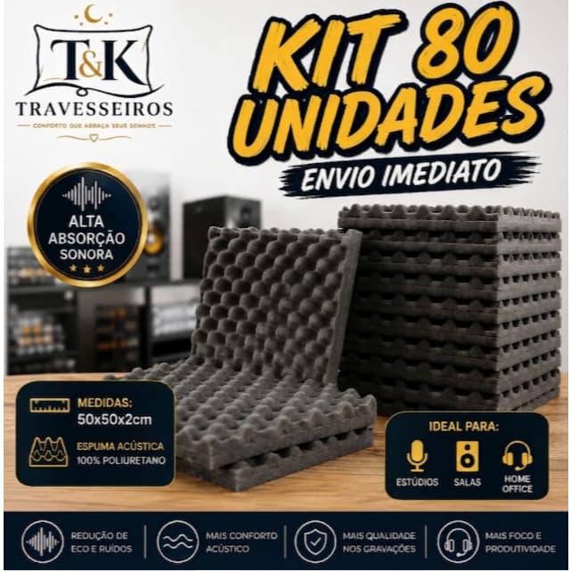 Kit 80 Placas Acústicas Espuma 50x50x2 Cm Antirruído Isolamento Parede Estúdio