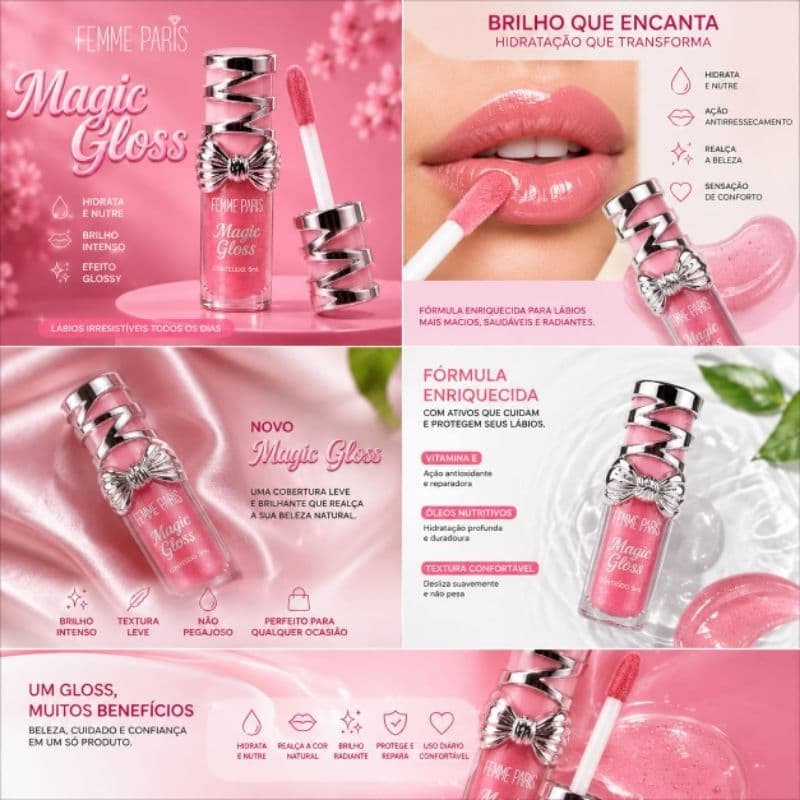 Magic Gloss Femme Paris gloss labial brilho labial gloss rosa maquiagem maquiagem feminina beleza lábios boca brilhante