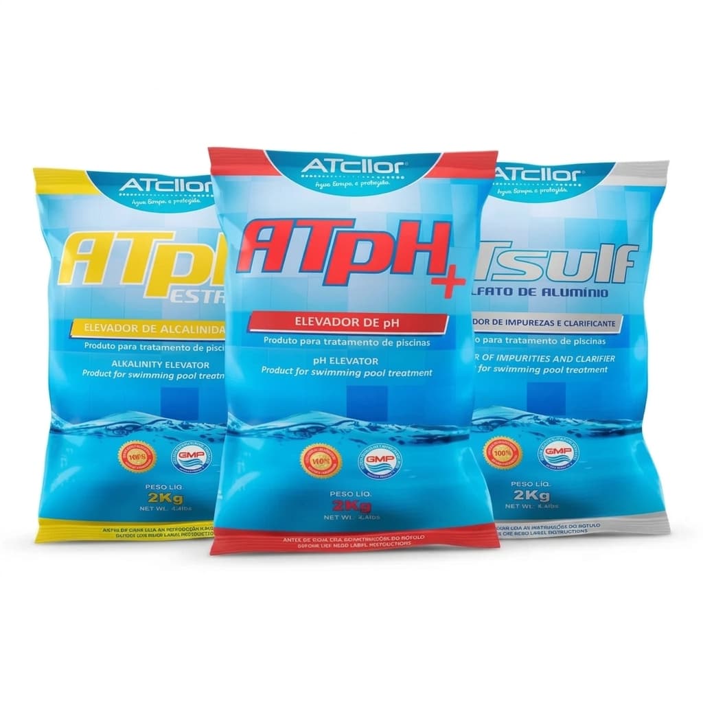 Kit Limpeza de Piscina - Elevador de PH, Sulfato de Aluminio e Elevador de Alcalinidade Atcllor