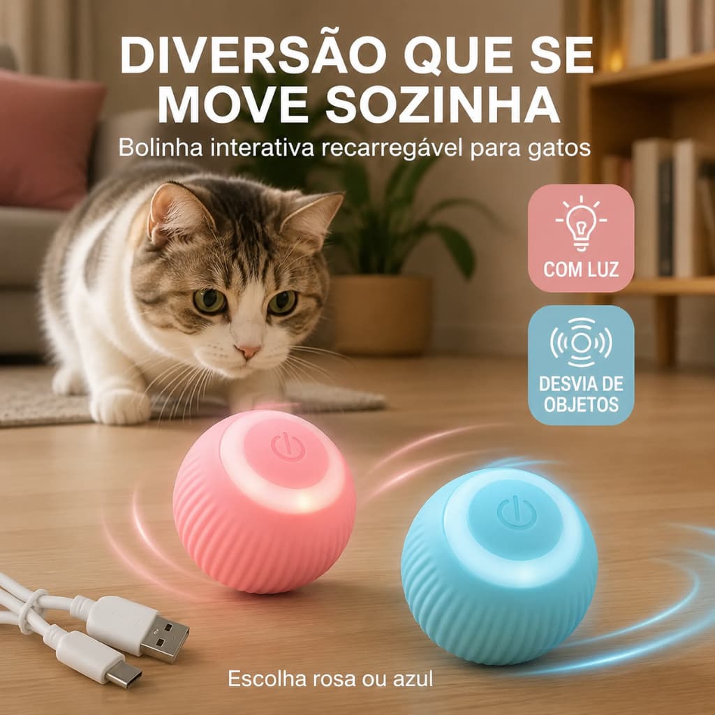 Bola de Brinquedo Elétrica para Gatos com Movimento Inteligente e Evitação de Obstáculos