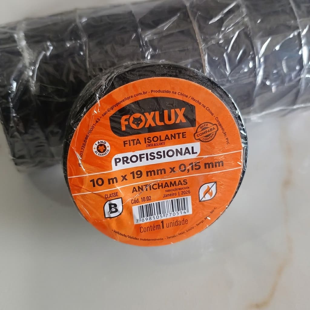 kit com 10 Fitas Isolante Foxlux Profissional 10m x 19mm x 0,15mm Antichamas Classe B Dielétrica para Elétrica e Cabos.