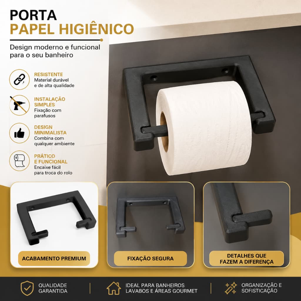 Suporte Papel Higiênico Adeviso 3M Preto Branco Parede Banheiro Rolo Sem Furo Acessório