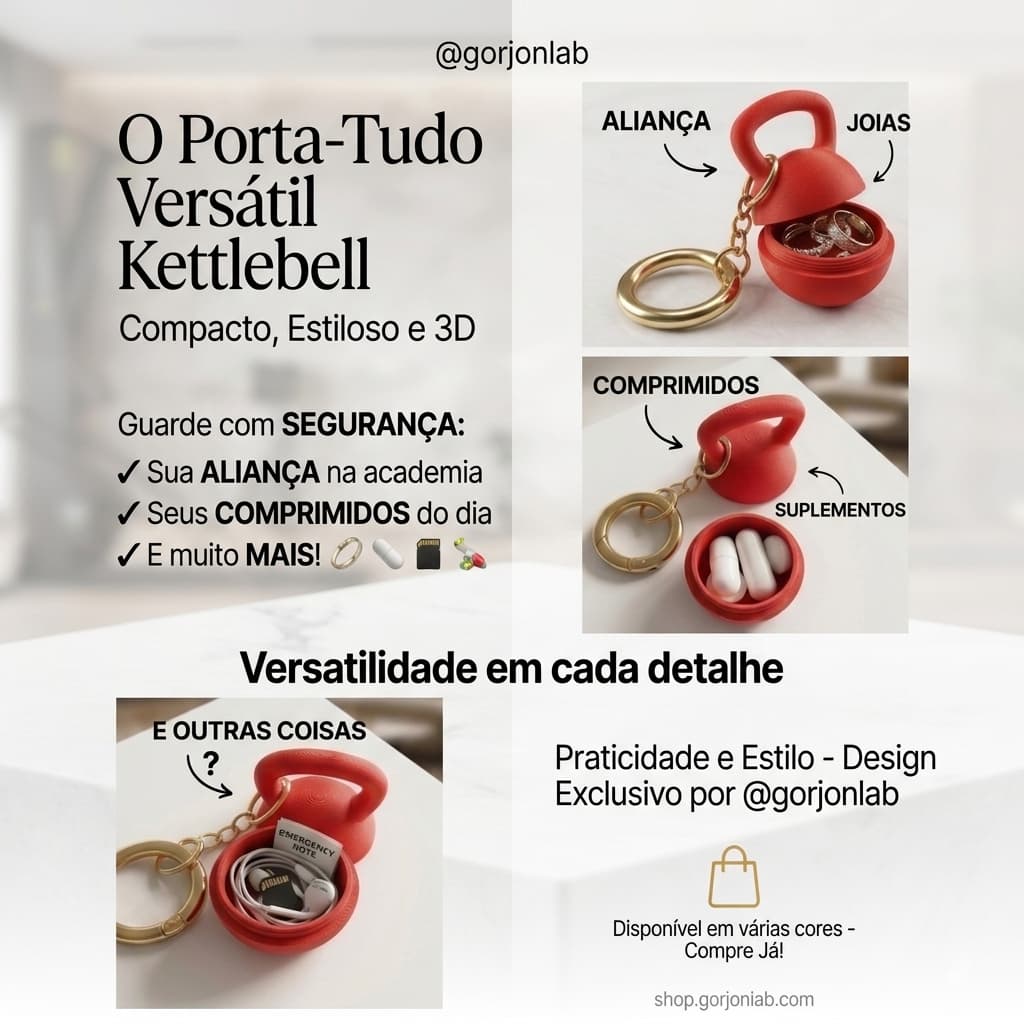 Porta-Tudo Kettlebell 3D | Chaveiro Porta Aliança, Joias e Suplementos