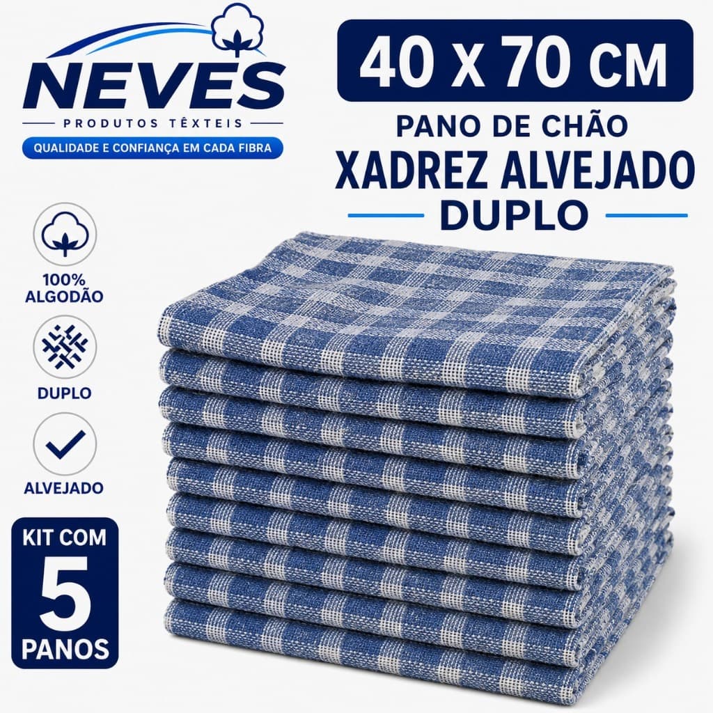 Kit com 5 Panos de Chão Grande 70x40cm - Saco Duplo Xadrez Azul Alvejado - Neves - Revenda - EV