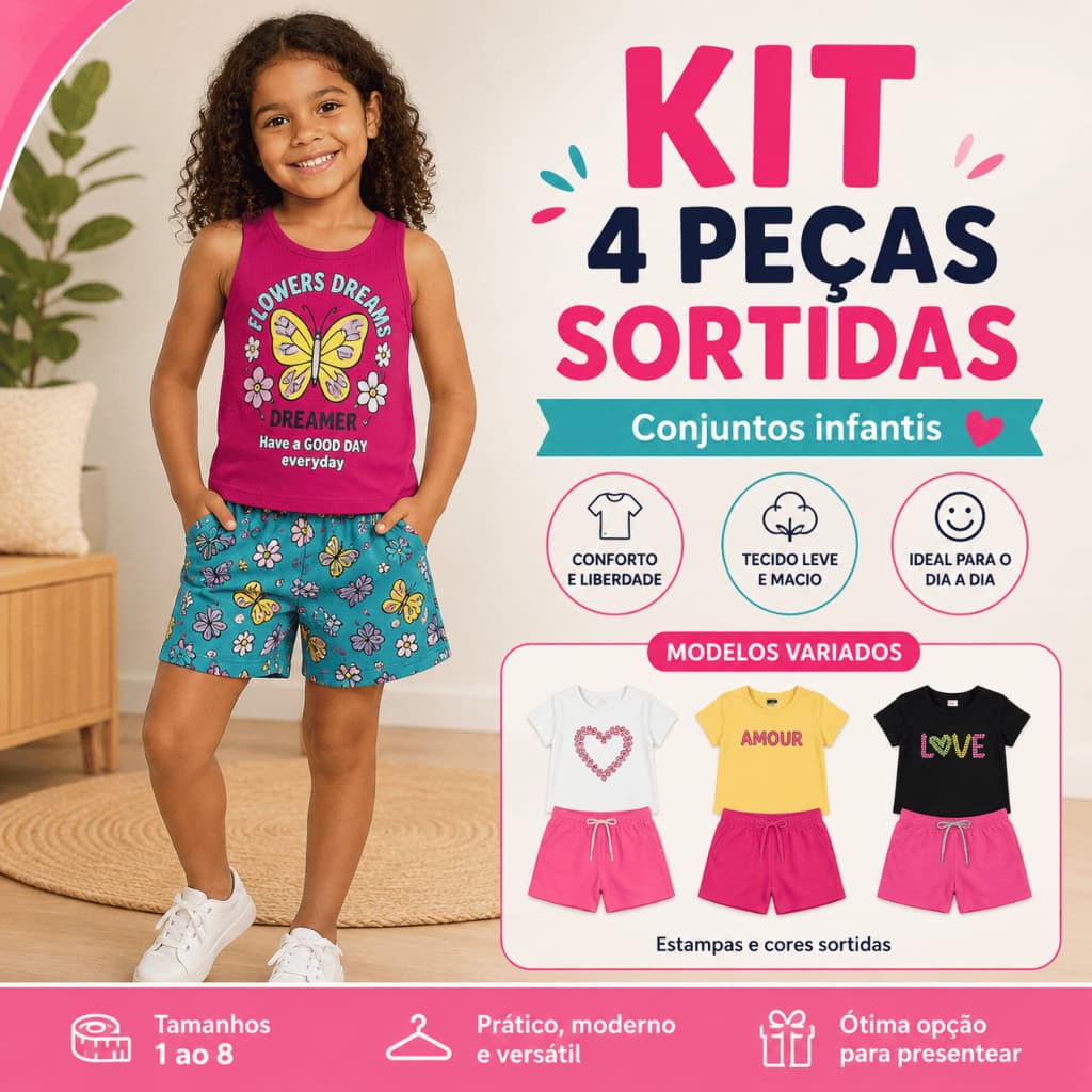 Kit 4 Peças Conjunto Infantil Feminino Menina Verão Roupa Sortida Blusa Camiseta Short Tamanho 1 ao 8