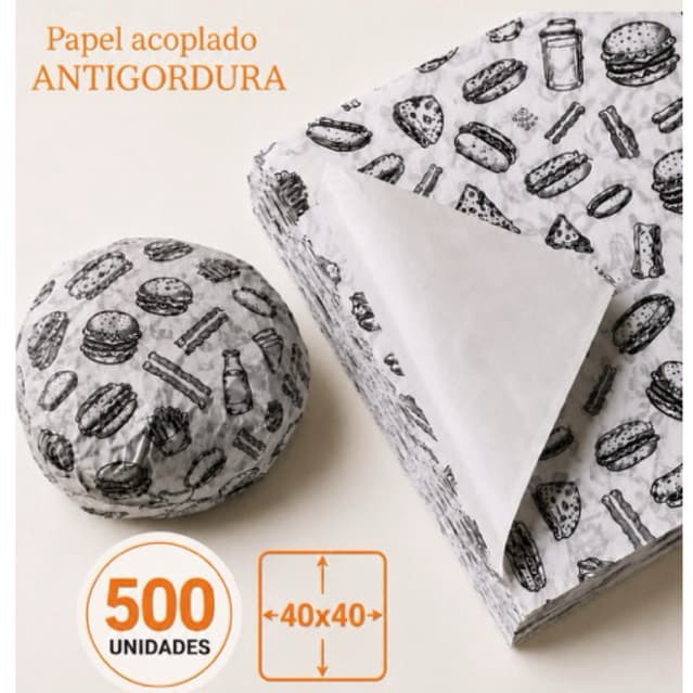 Papel Acoplado Antigordura 40x40 para Embrulhar Hambúrguer Lanche Fast Food Burguer 500 Unidades Folhas