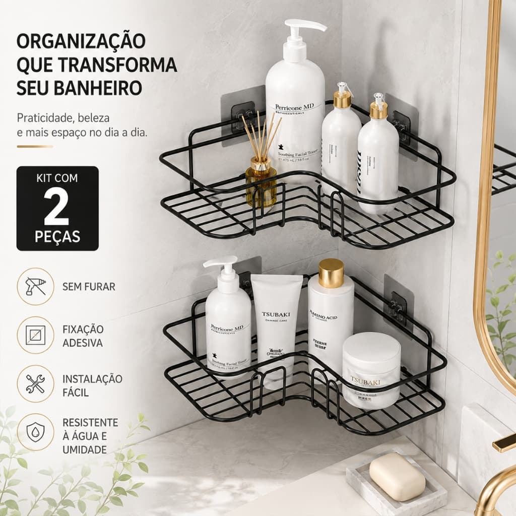 Kit 2 Suportes De Banheiro Prateleira Metal Sem Furo Adesivo Parede Shampoo Sabonete Cozinha