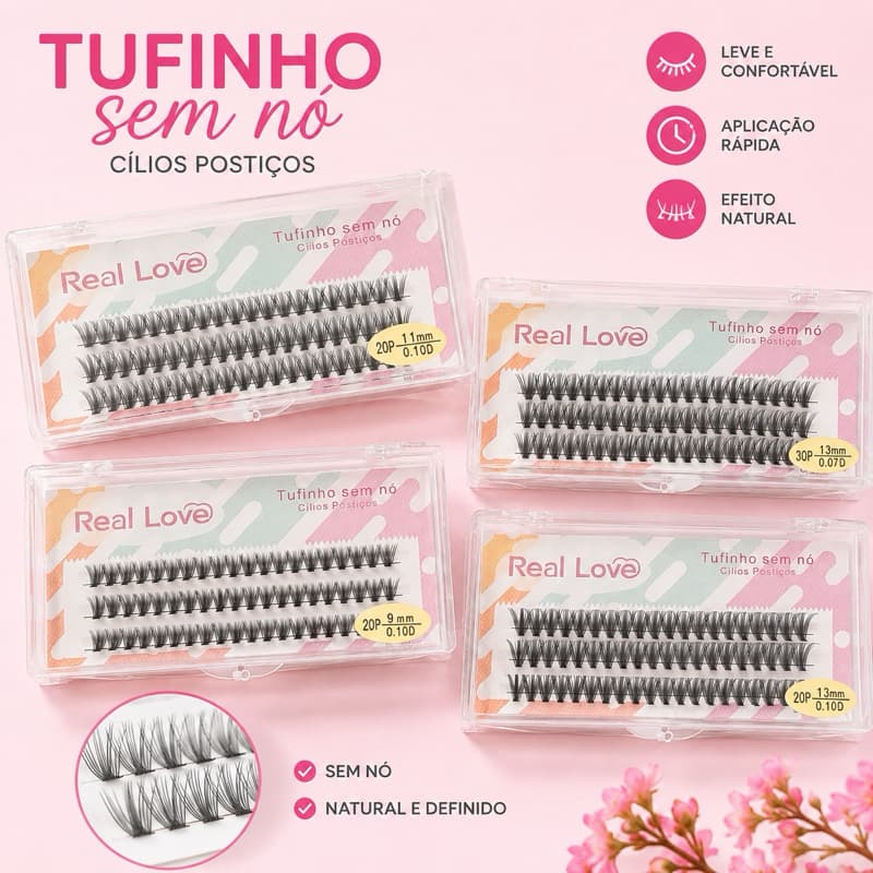 Cílios Postiços Tufinho Sem Nó Real Love 20P 0.10D 9mm 11mm 13mm