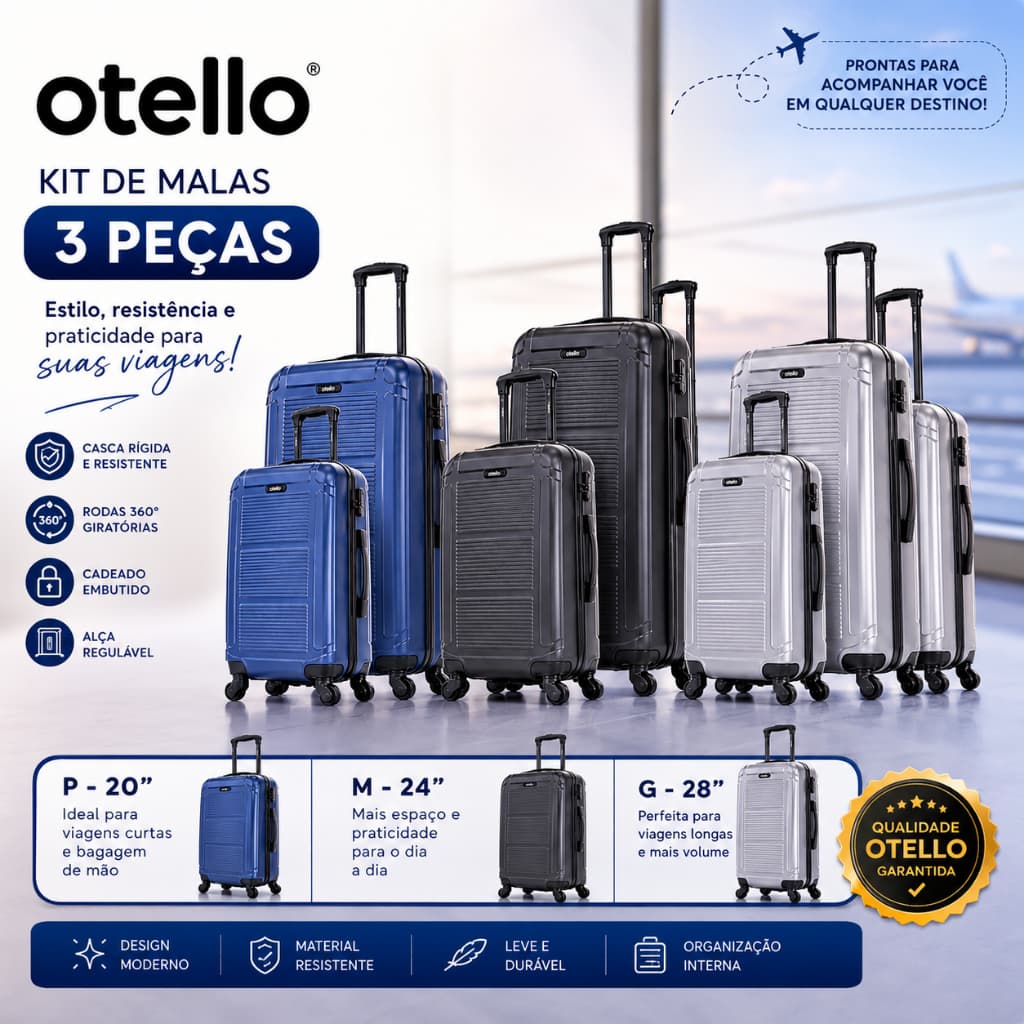 Kit Mala Viagem Otello Luggage 3Pçs P/M/G 15 23 e 30Kg Rodas 360