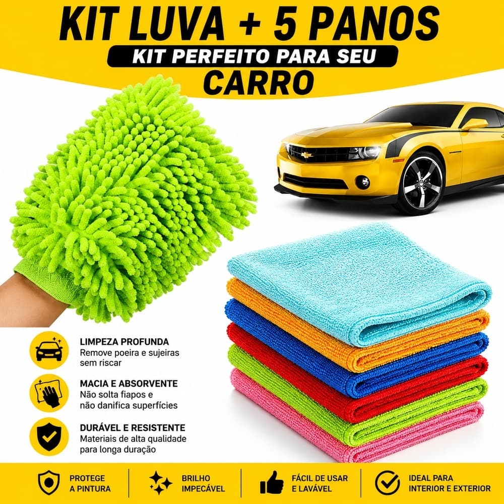 KIT DE LAVAR CARRO MOTO LIMPEZA AUTOMOTIVA LUVA +5 PANO MICROFIBRA SUPER ABSORVENTE MULTIUSO
