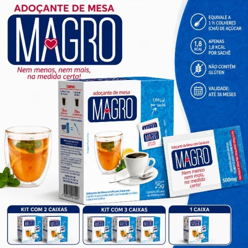 Adoçante de Mesa em Sachê 50 Unidades 500mg – Caixa Individual ou Kit com 2 e 3 Caixas