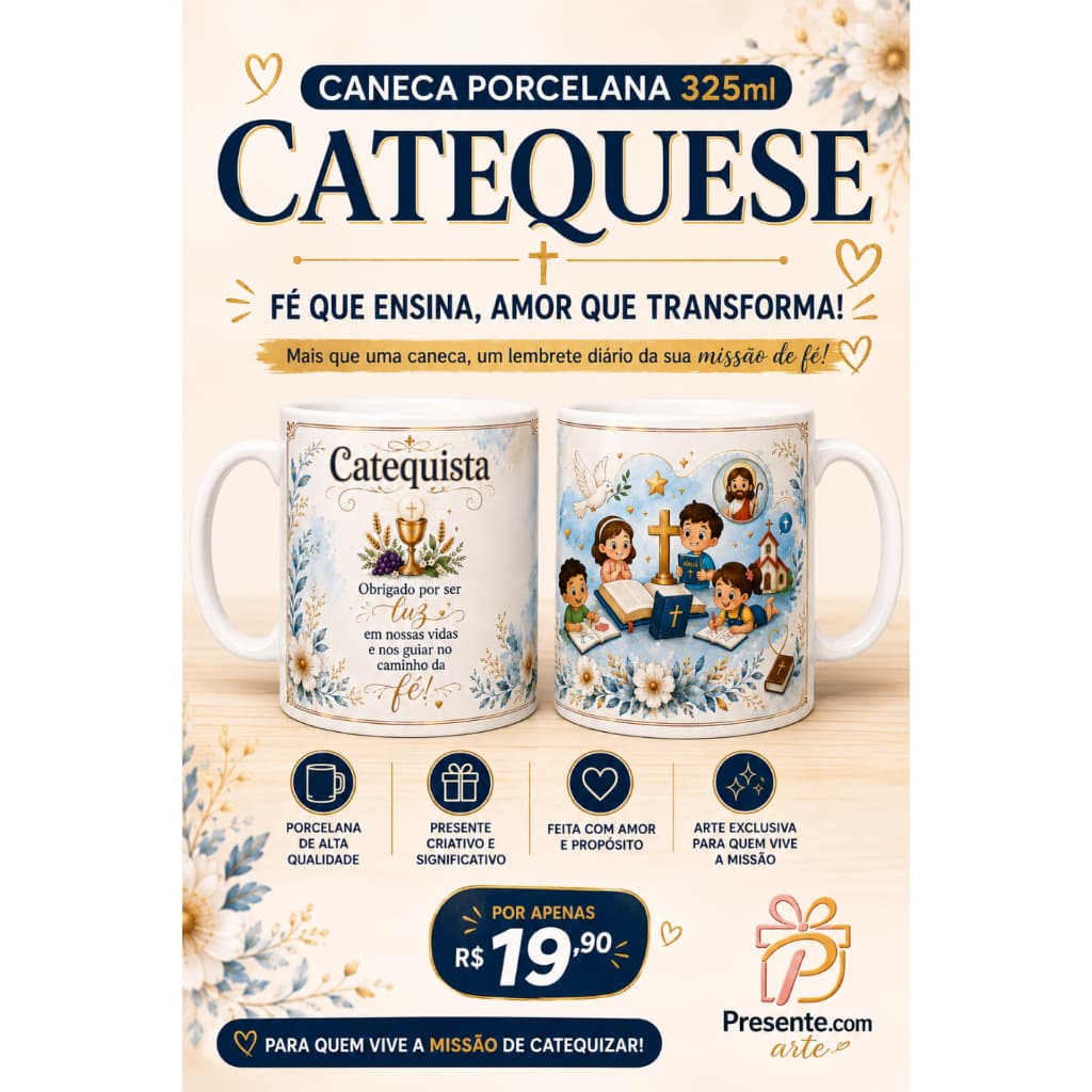 1 Caneca Catequista Personalizada 325ml – Presente para Catequista – Tema Catequese Católica – Lembrancinha Religiosa