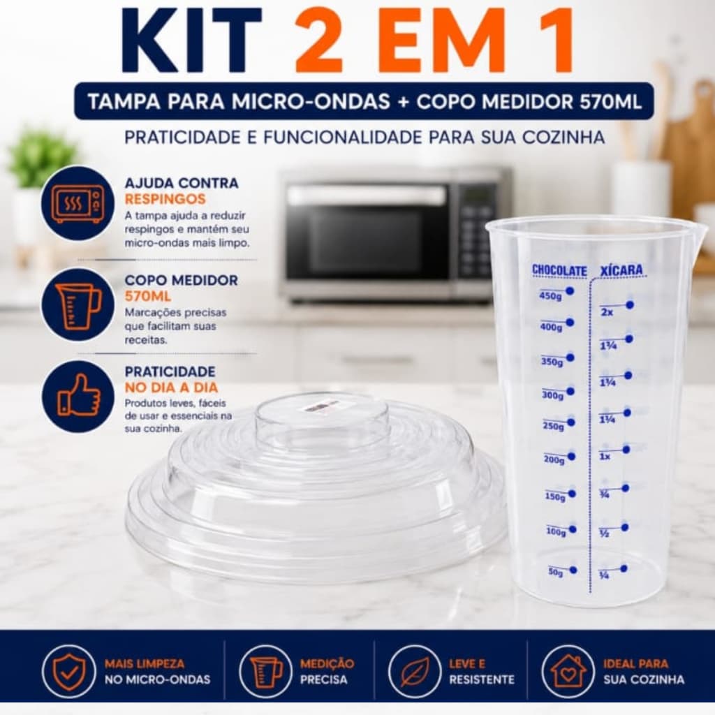 Kit Cozinha Tampa Para Micro-ondas+ Copo Medidor 570ml Resistente  Prático Utensílios de Cozinha