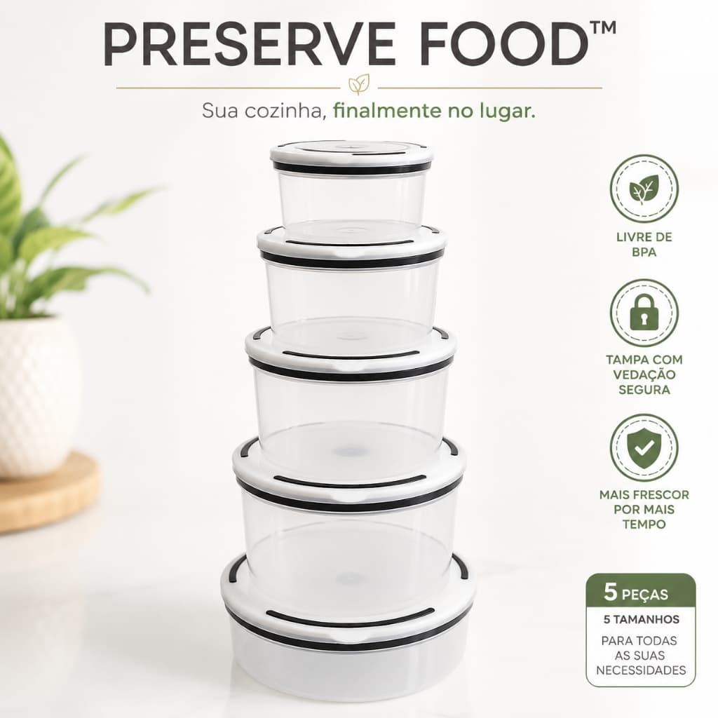 Potes Hermeticos kit com 5 unidades - Tampa Plástica Organizador Alimentos
