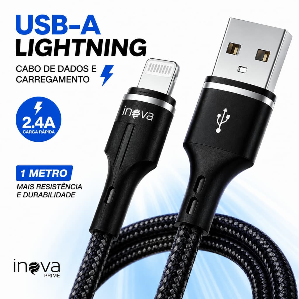Cabo USB Lightning iPhone Inova Prime Trançado 1 Metro Reforçado Carregador e Dados