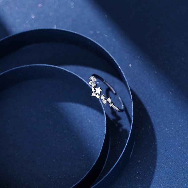 Anel Feminino De Estrelas Ajustável Com Pedras Brilhantes Acessório Prateado Elegante