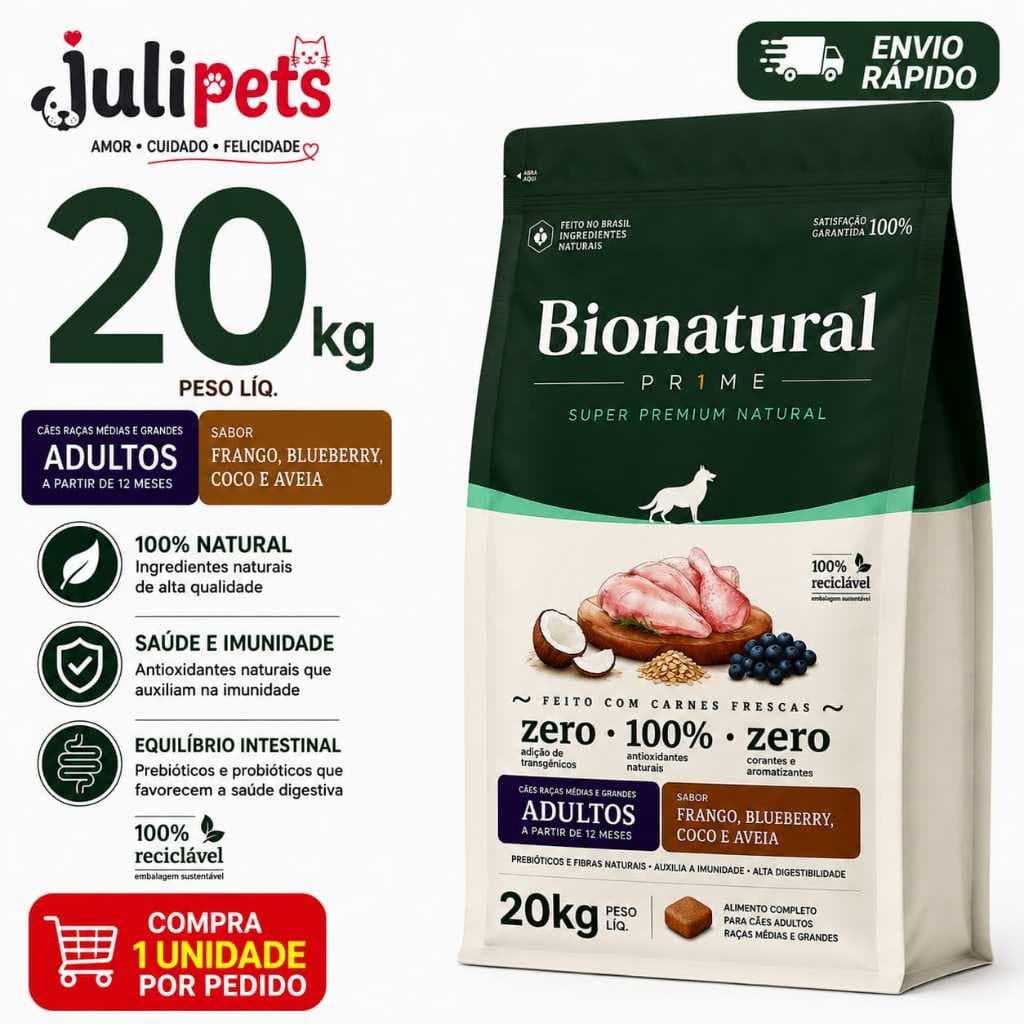 Ração Bionatural Prime Super Premium Natural 20kg Cães Adultos Raças Médias e Grandes Frango