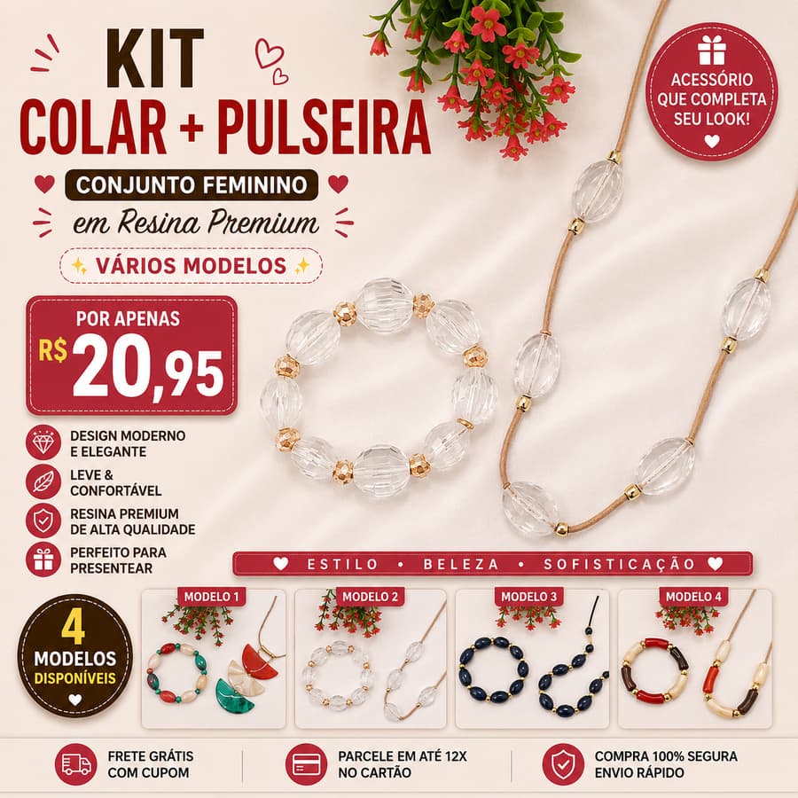 Kit Colar + Pulseira Feminina em Resina Premium – Conjunto de Acessórios – Vários Modelos