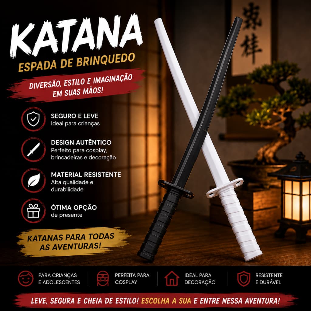 Katana de Brinquedo Infantil Espada Samurai Preta e Branca para Cosplay Decoração e Fantasia