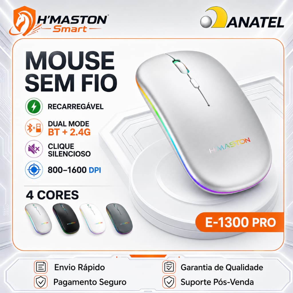 H'maston E-1300PRO Mouse Sem Fio Para Notebook Mouse Sem Fio Recarregável Mouse Bluetooth Mouse Sem Fio Gamer Mause