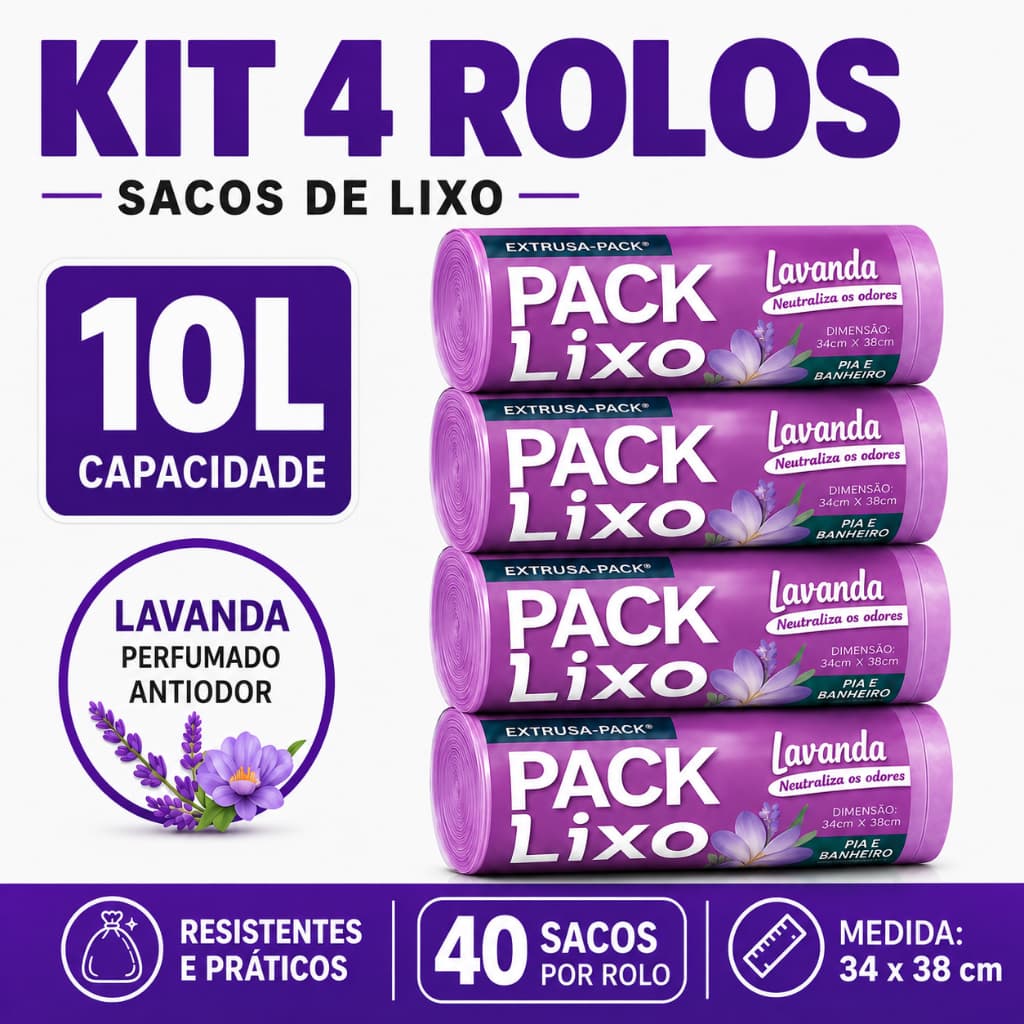 Kit 4 Rolos Saco de Lixo Perfumado Lavanda 160 Unidades Pia Banheiro 34x38