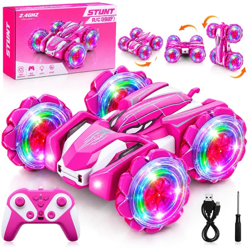 Carrinho De Controle Remoto Recarregável Tração 4x4 Rápido Maluco Gira 360 Com Luzes Aranha Rosa