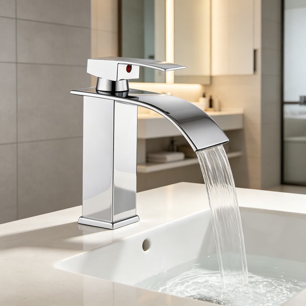 Torneira de Banheiro Cascata Aço Inoxidável Cromada  Misturador Monocomando para Pia de Lavatório  Design Moderno Quad