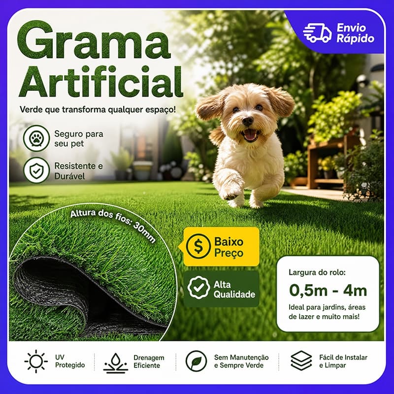 Grama Sintética 25mm 2x1M, Grama Artificial Verde para Jardim, Quintal e Decoração Externa