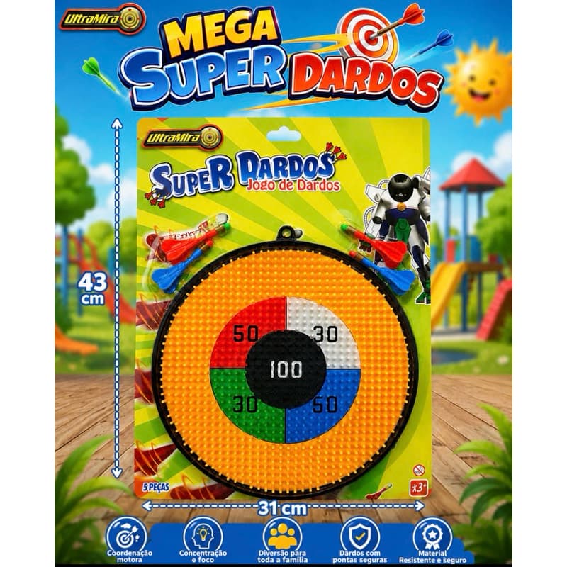 Jogo de Dardos Infantil Super Mega -  Alvo com 4 Dardos Pontas Arredondadas de Dardos Super Mega Pontaria e Coordenaçao