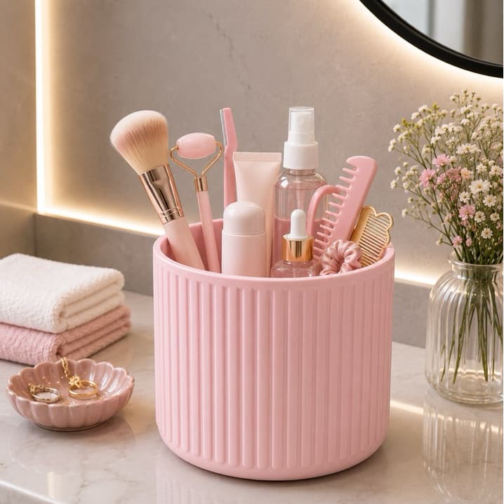 Organizador Porta Maquiagem Pincéis Penteadeira Banheiro Grande Canelado Multiuso Lavabo Escritório Decorativo Elegante