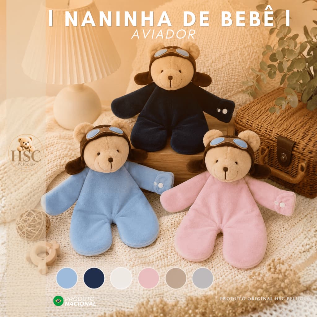 Naninha para Bebe em Plush Paninho de dormir Soninho  - Ursinho Aviador Rosa Azul Marinho