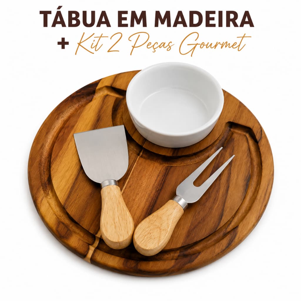Tabua em madeira Teca Queijos/frios+louça+kit Queijo 2 Peças Gourmet