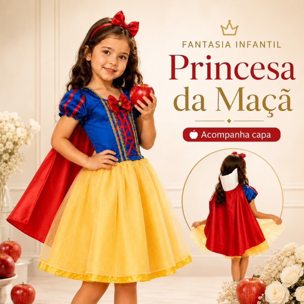 Vestido Fantasia  Luxo Curto de Princesa branca de neve Infantil com Capa Vermelha e Arco para Festa