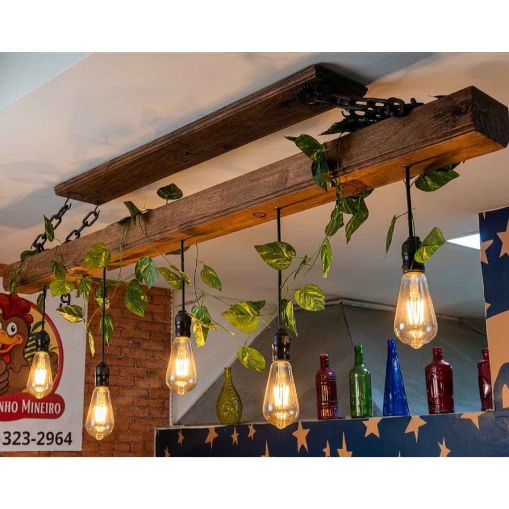 Lustre Pendente Rústico Madeira Maciça 1,20m 5 Bocais Bivolt + Correntes e Folhagem