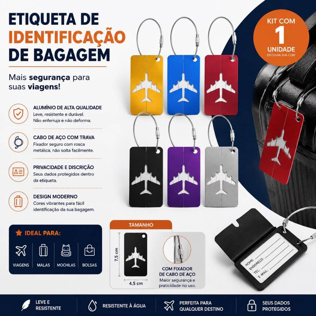Etiqueta de Identificação Viagem para Bagagem, Tag de Metal,  Mala, Mochila, Bolsa e Estojo - Alumínio