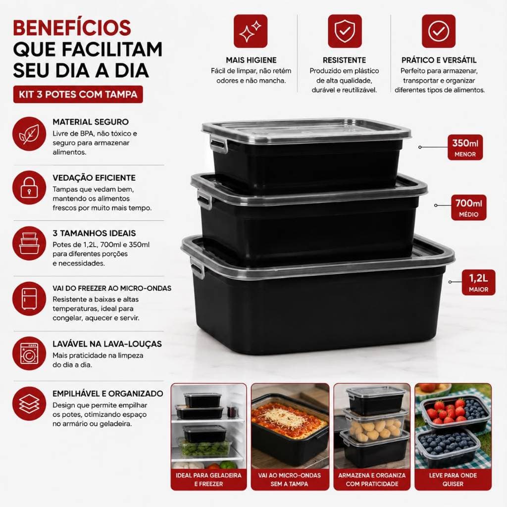Kit 3 Potes de Organização de Alimentos Marmitas Fit Tampa Transparente Fácil Visualização