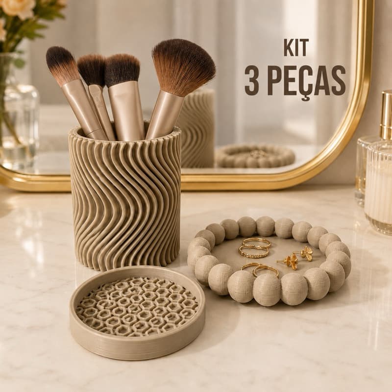 Kit Porta Pincéis e Limpador de Pincel | Porta Bijuterias, Canetas e Escova de Dentes | Organizador de Maquiagem 3D